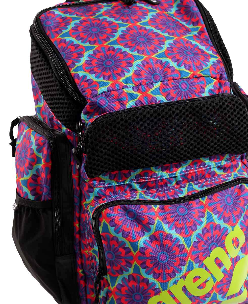 Arena One Go Allover Backpack 45L with vibrant floral pattern, featuring multiple compartments and adjustable straps.