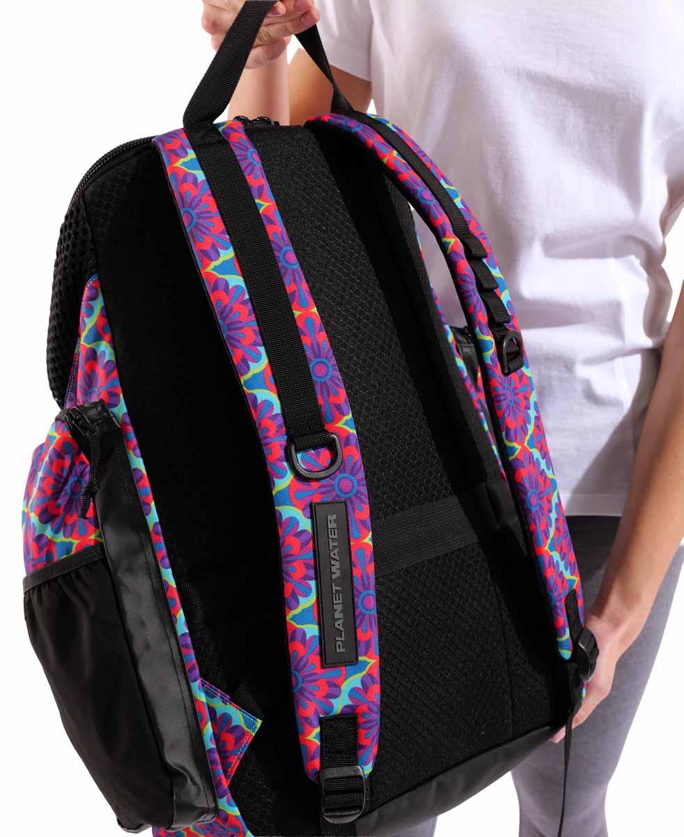 Arena One Go Allover Backpack 45L with floral pattern, durable fabric, adjustable straps, and multiple compartments.