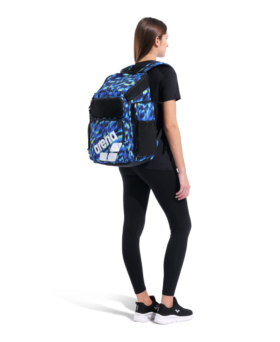 Arena One Go Allover Backpack 45L in aqua and gleam, featuring multiple compartments and adjustable straps.