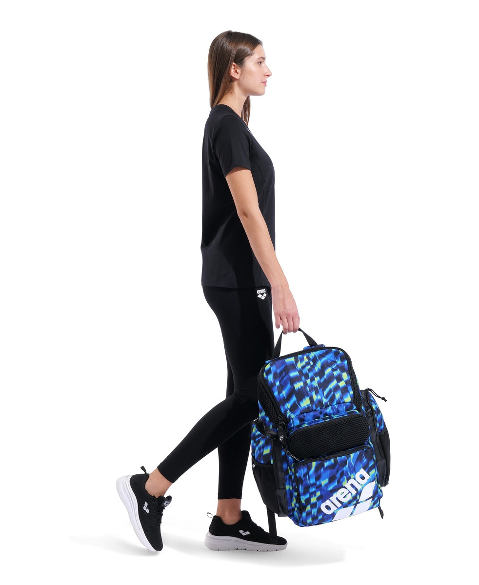 Arena One Go Allover Backpack 45L in Aqua and Gleam with multiple compartments and adjustable straps.