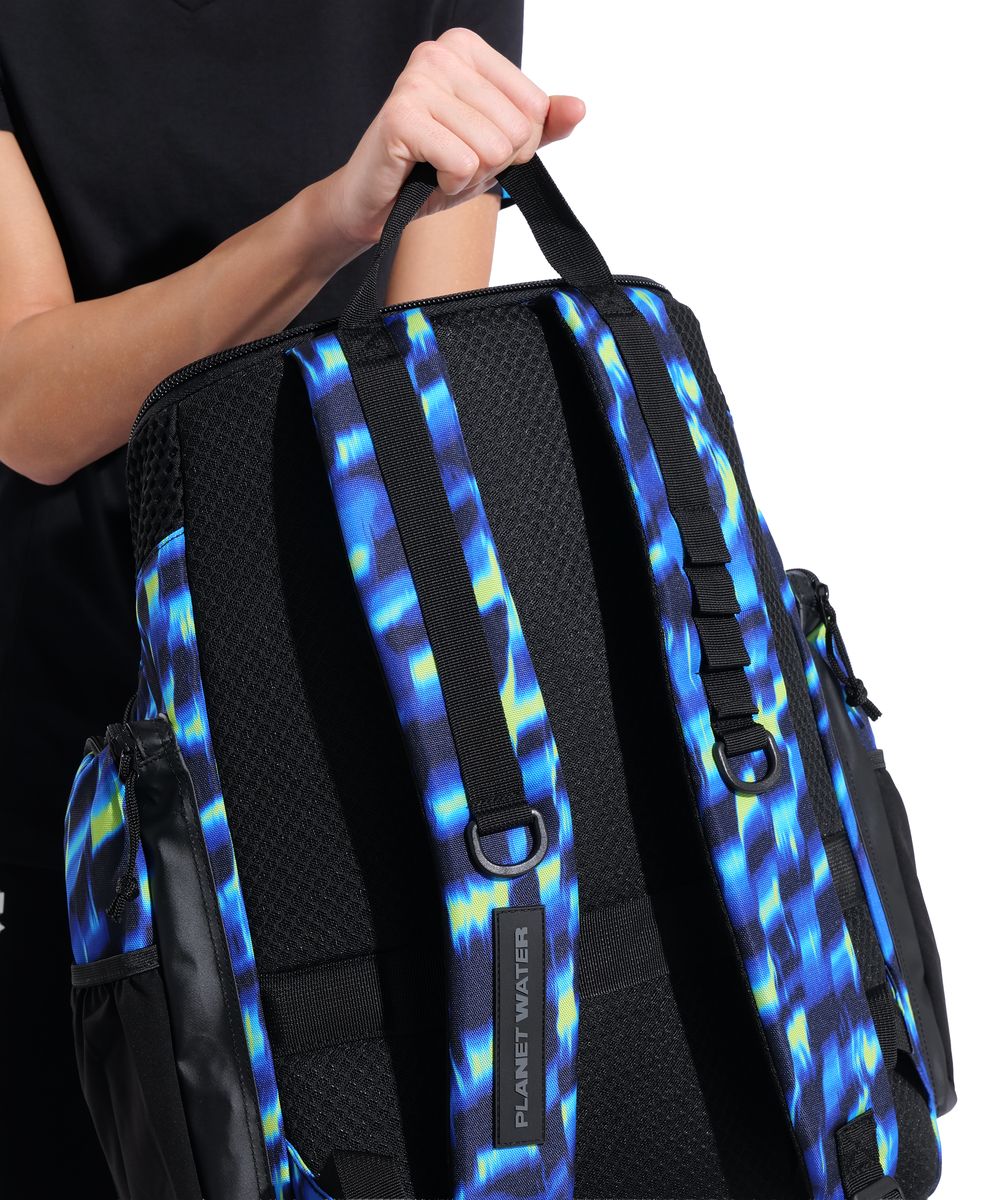 Arena One Go Allover Backpack 45L in aqua and gleam with multiple compartments and adjustable straps for swimming and outdoor activities.