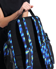 Arena One Go Allover Backpack 45L in aqua and gleam with multiple compartments and adjustable straps for swimming and outdoor activities.