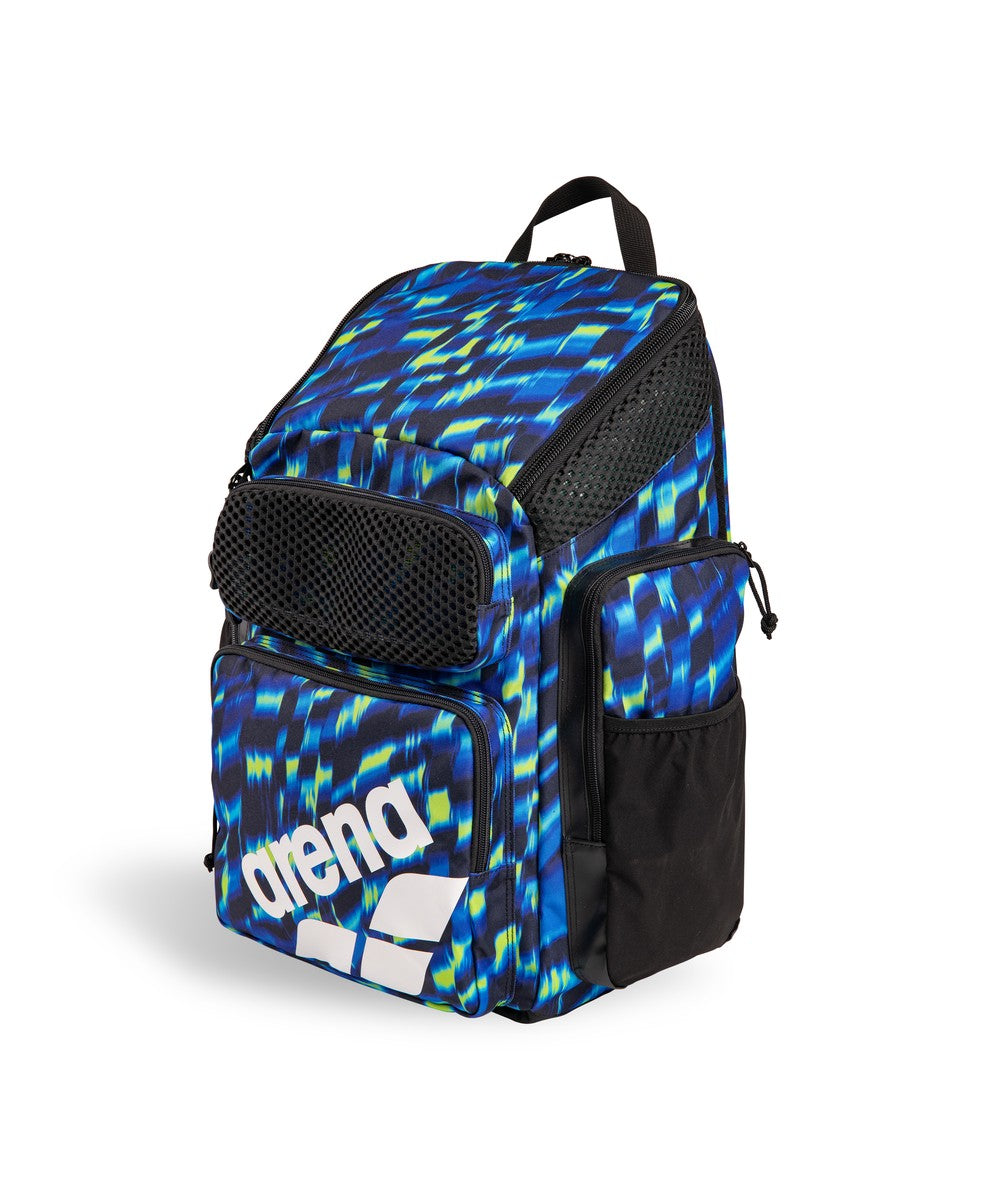 Arena One Go Allover Aqua and Gleam backpack with multiple compartments and adjustable straps, designed for outdoor use.