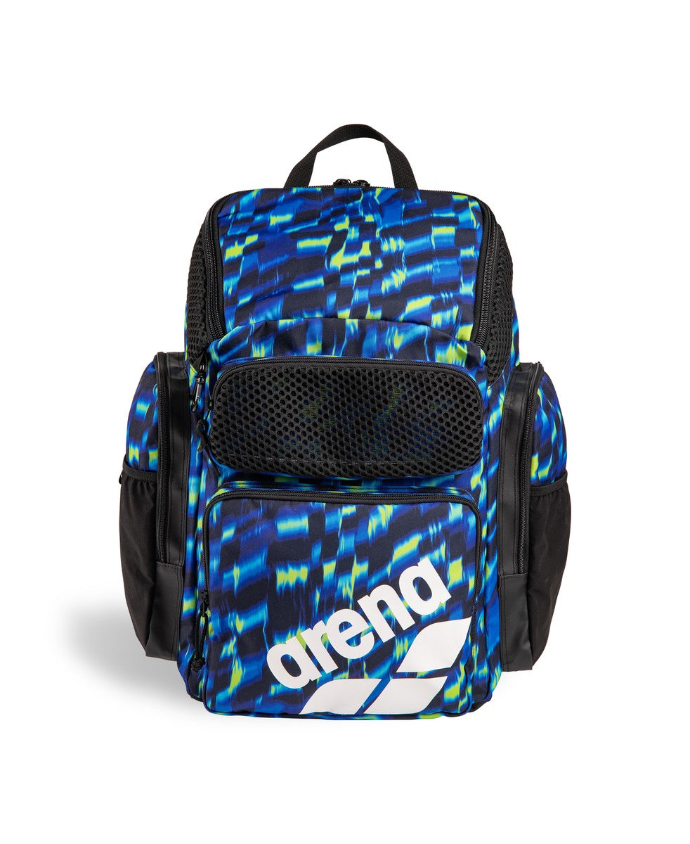 Arena One Go Allover Backpack 45L in aqua and gleam with multiple compartments and adjustable straps.
