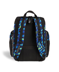 Arena One Go Allover Backpack 45L in Aqua and Gleam with multiple compartments and adjustable straps, designed for sports and travel.