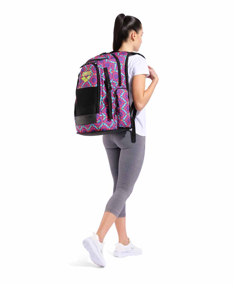 Arena All Set Allover Floral Backpack 45L, spacious outdoor bag with colorful floral pattern and multiple compartments.