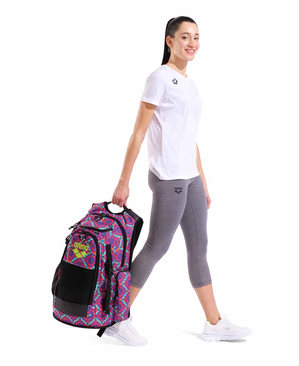 Arena All Set 45L floral backpack with adjustable straps and multiple compartments, suitable for travel or sports use.