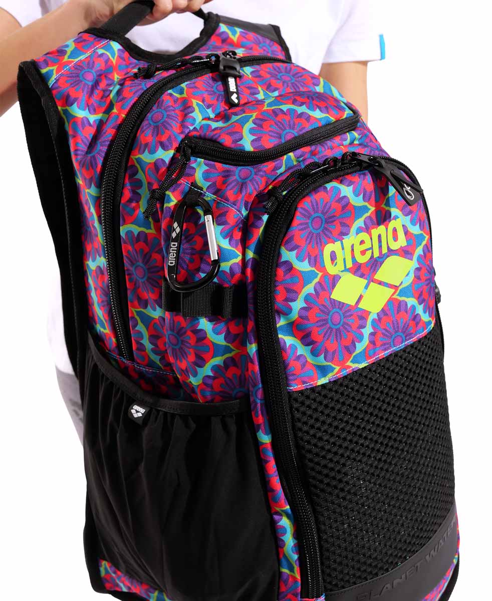 Arena All Set Allover Backpack 45L with vibrant floral pattern, featuring multiple compartments and adjustable straps.
