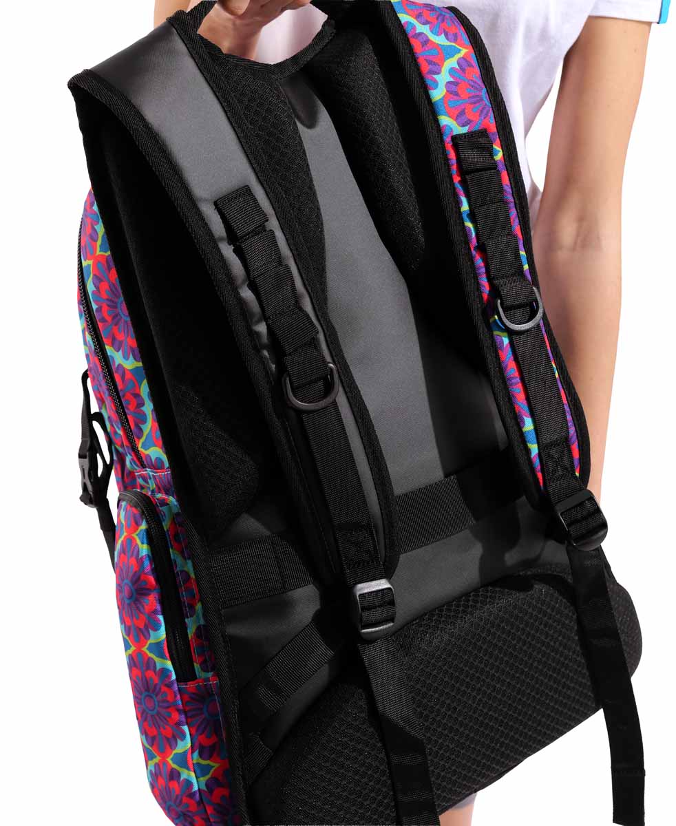 Arena All Set Allover Backpack 45L with floral pattern, featuring multiple compartments and adjustable straps for versatile use.