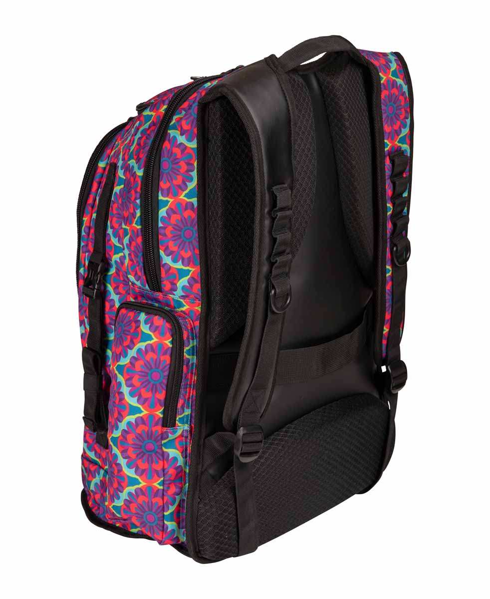 Arena All Set Allover Backpack 45L with a vibrant floral design, featuring multiple compartments and adjustable straps.