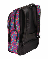 Arena All Set Allover Backpack 45L with a vibrant floral design, featuring multiple compartments and adjustable straps.