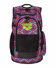 Arena All Set Allover Backpack 45L with vibrant floral design, featuring multiple compartments and padded straps for comfort.