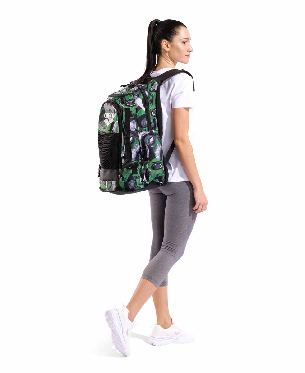 Arena All Set Allover Backpack 45L with colorful Kente pattern, featuring multiple compartments and padded straps for comfortable carrying.