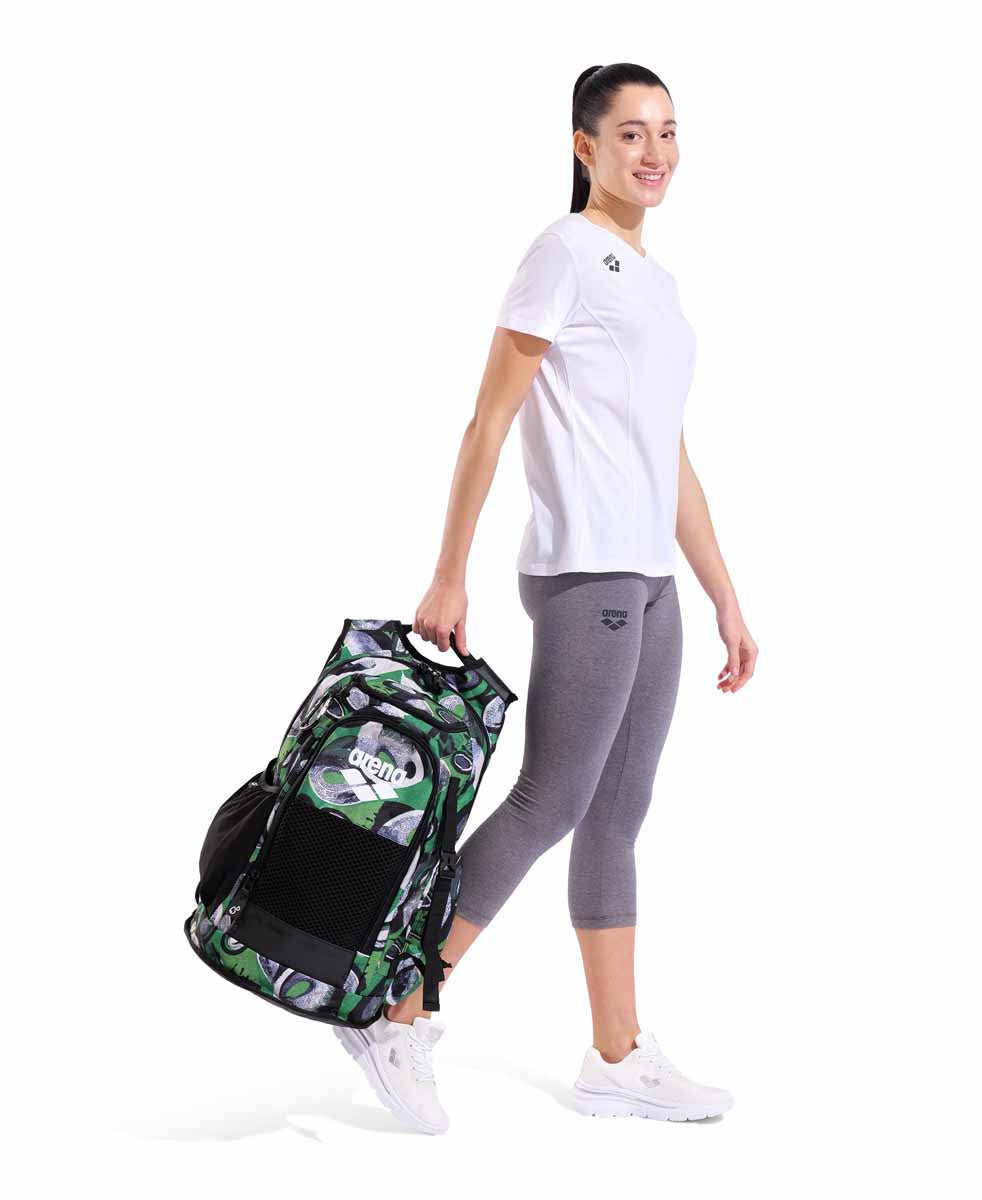 Arena All Set Allover Backpack 45L with vibrant Kente fabric design, durable straps, and spacious main compartment.