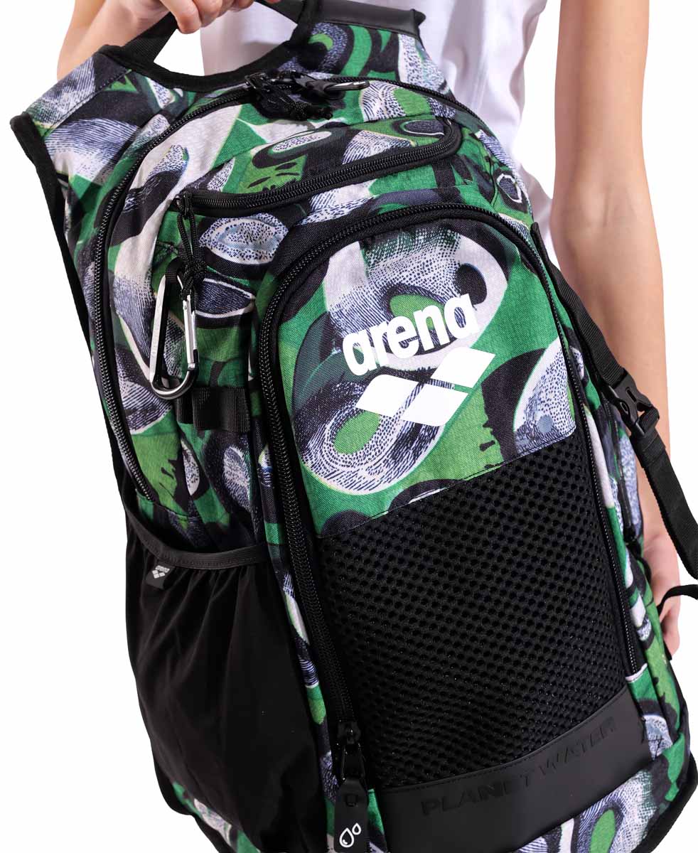 Arena All Set Allover Backpack 45L in vibrant Kente fabric, featuring multiple compartments and adjustable straps for everyday use.