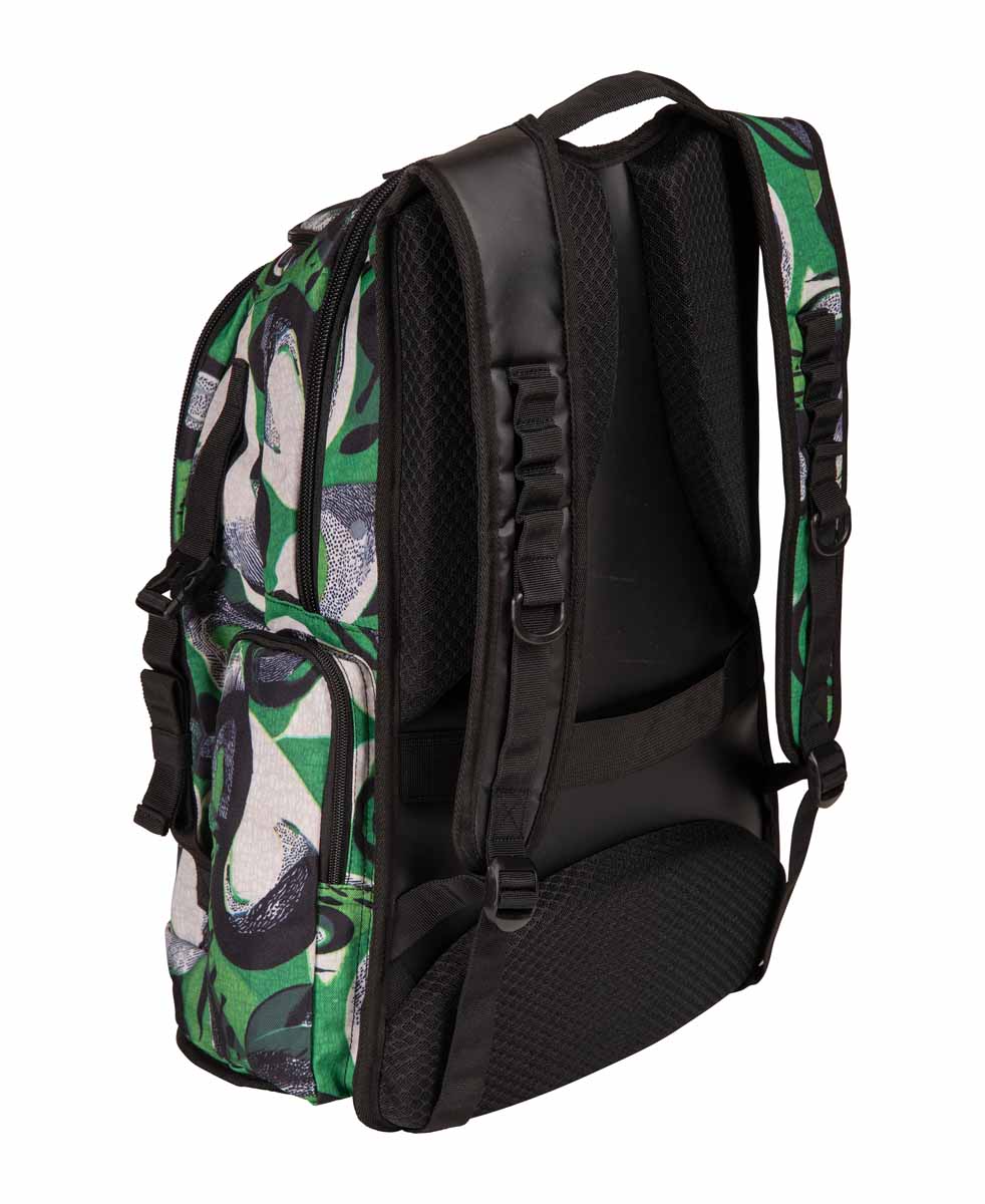 Arena All Set Allover Backpack 45L with Kente pattern, featuring multiple compartments and adjustable straps.