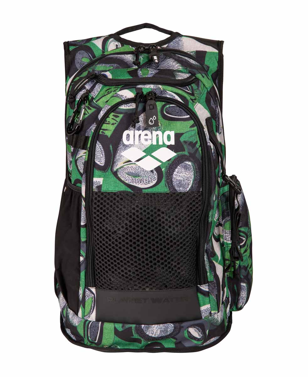 Arena All Set Allover Backpack 45L with vibrant Kente fabric design, spacious and durable for travel and daily use.