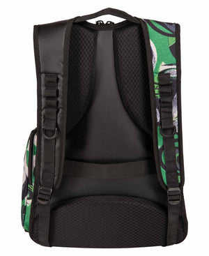 Arena All Set Allover Backpack 45L with Kente pattern, featuring multiple compartments and adjustable straps for versatile carry.
