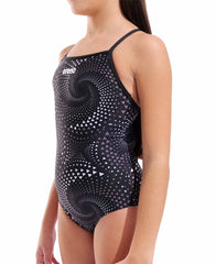 Arena girls Fireflow Lightdrop back swimsuit in black, featuring sleek design and supportive straps for swimming comfort.