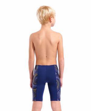 Arena boys Fireflow swim jammer in navy with yellow accents, featuring a sleek fit and breathable fabric for competitive swimming.