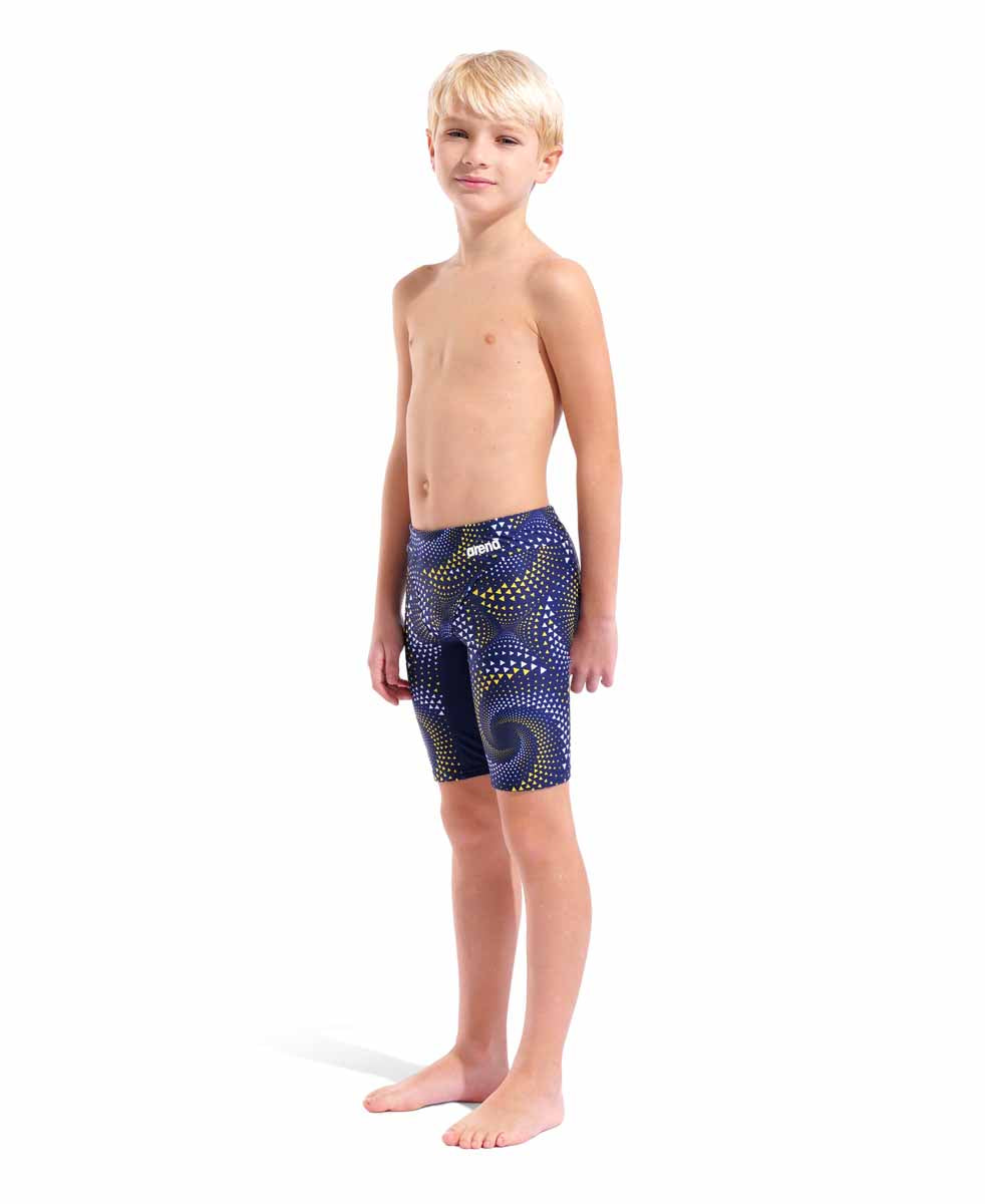 Arena boys Fireflow swim jammer in navy with yellow accents, featuring a sleek, fitted design for competitive swimming.