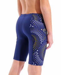 Arena boys Fireflow swim jammer in navy with yellow accents, designed for competitive swimming and active water sports.