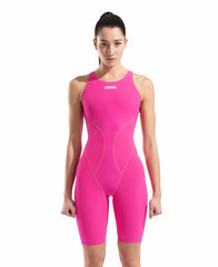 Arena Women's Powerskin Impulso open-back kneesuit in shocking pink and water color, designed for competitive swimming.