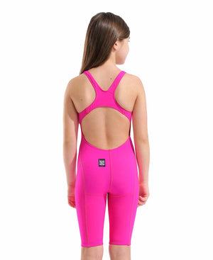 Arena Girls Powerskin Impulso kneesuit in shocking pink and water, featuring a sleek, form-fitting design for competitive swimming.