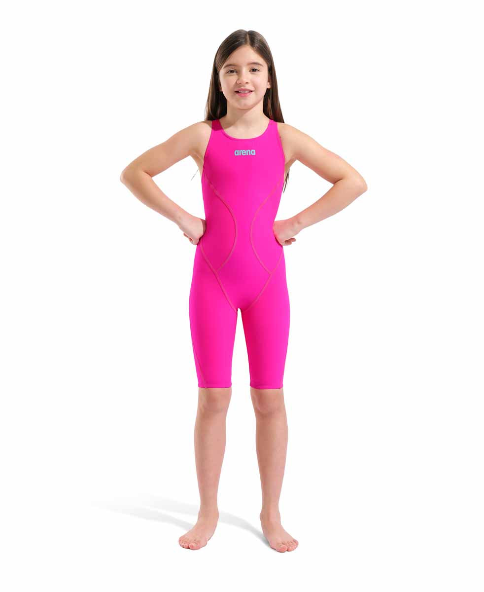 Arena Girls Powerskin Impulso kneesuit in shocking pink and water, featuring sleek design and high-performance swimwear fabric.