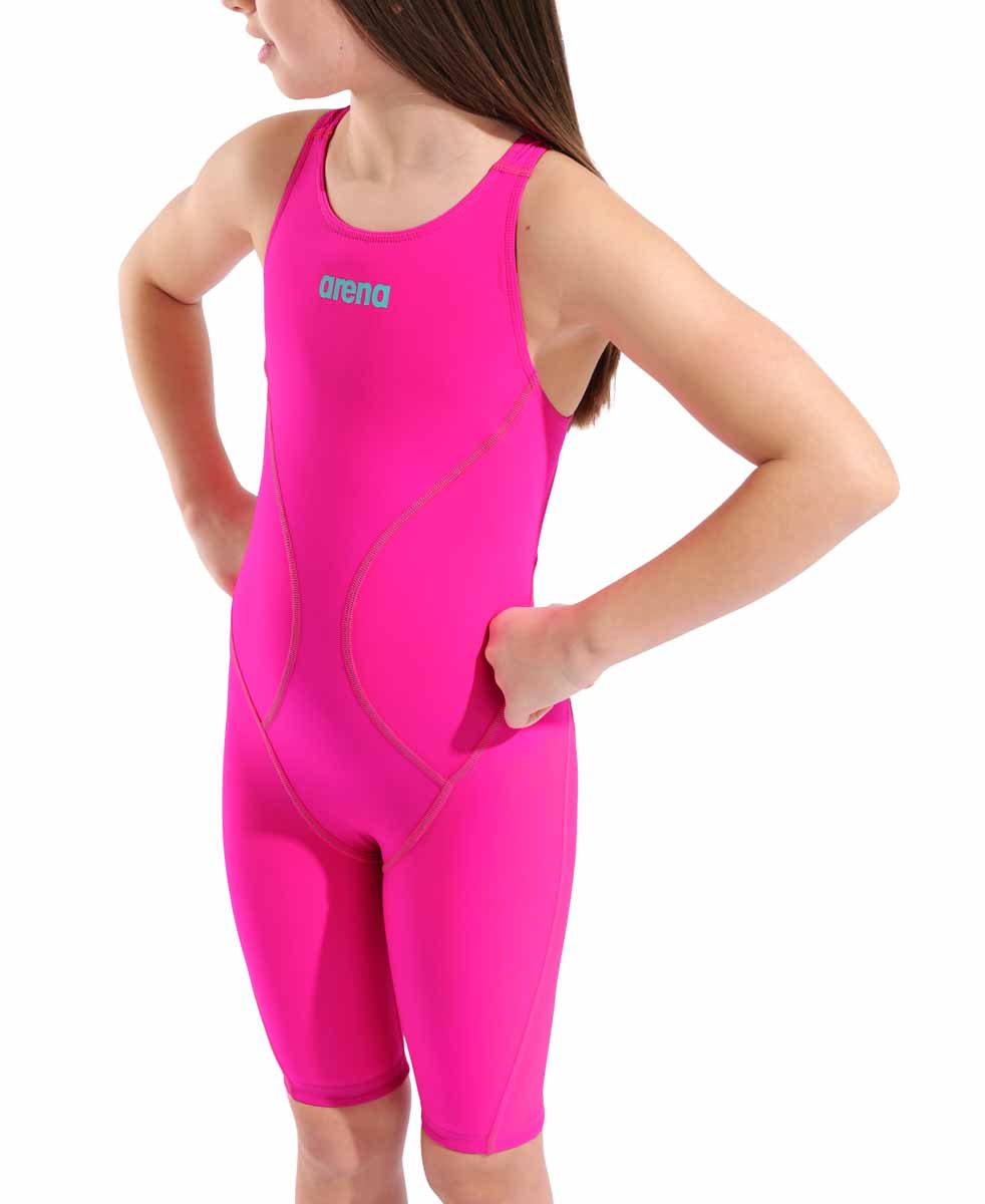 Arena Girls Powerskin Impulso Kneesuit in Shocking Pink and Water, featuring sleek design and durable fabric for competitive swimming.