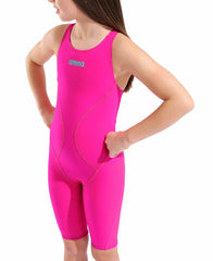Arena Girls Powerskin Impulso Kneesuit in Shocking Pink and Water, featuring sleek design and durable fabric for competitive swimming.