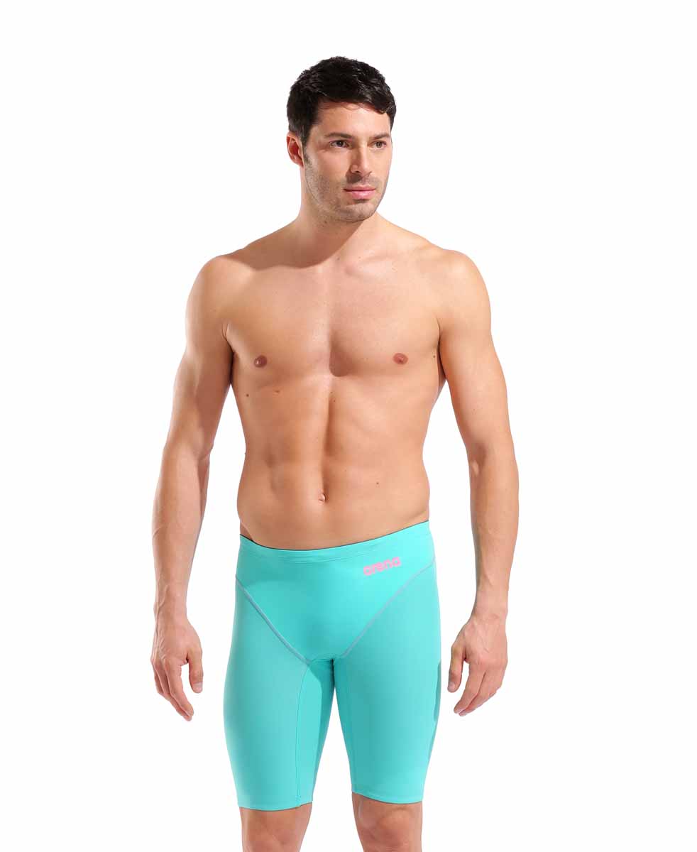 Arena men's Powerskin Impulso jammer in water and shocking pink, featuring sleek water-resistant fabric and athletic fit.