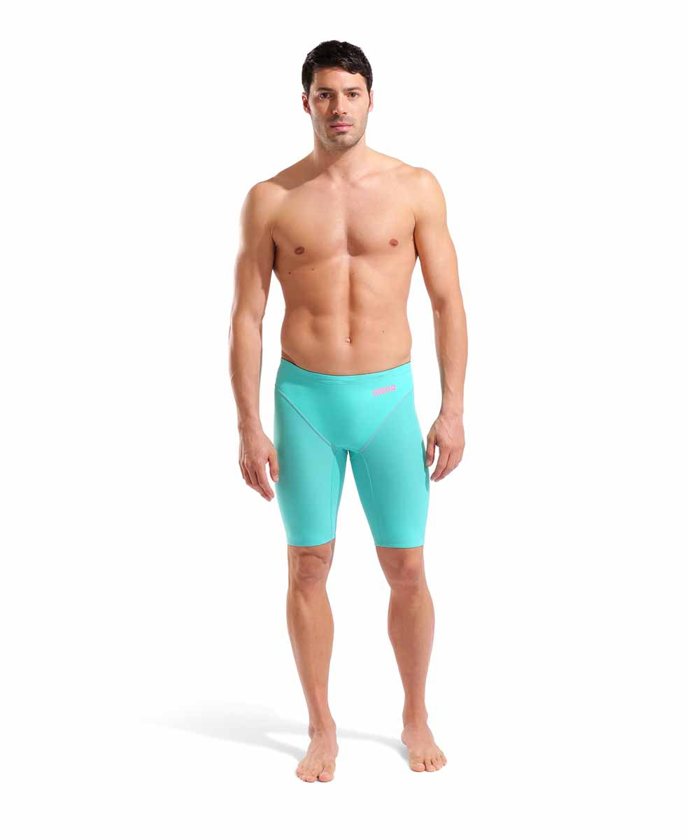 Arena men's Powerskin Impulso jammer in water and shocking pink, featuring sleek, form-fitting swimwear design.