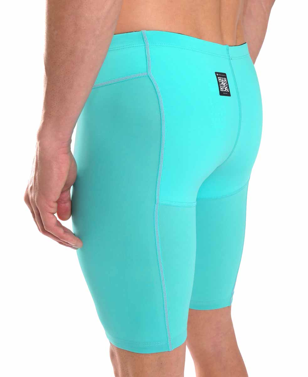 Arena men's Powerskin Impulso jammer in water and shocking pink, showcasing the sleek, form-fitting swimwear design.