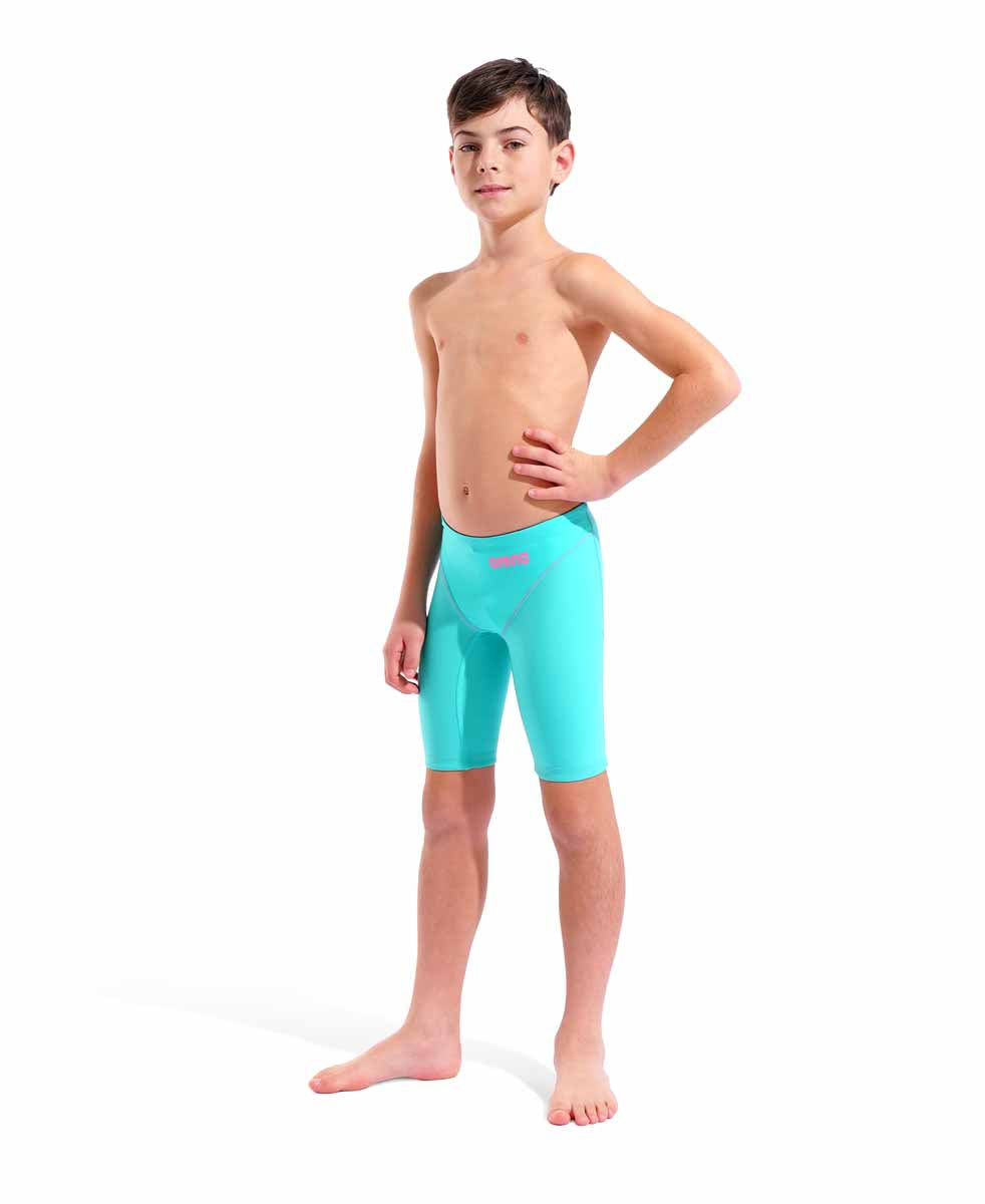 Arena Boys Powerskin Impulso Limited Edition pink jammers for swimming, featuring a sleek water/shocking pink design.