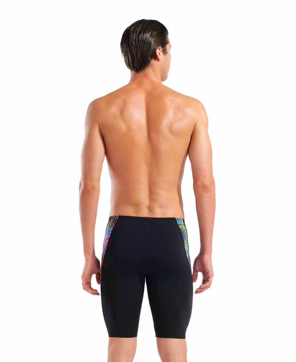 Arena men's garden swim jammer in black and multi-color, featuring a fitted design and colorful garden print.