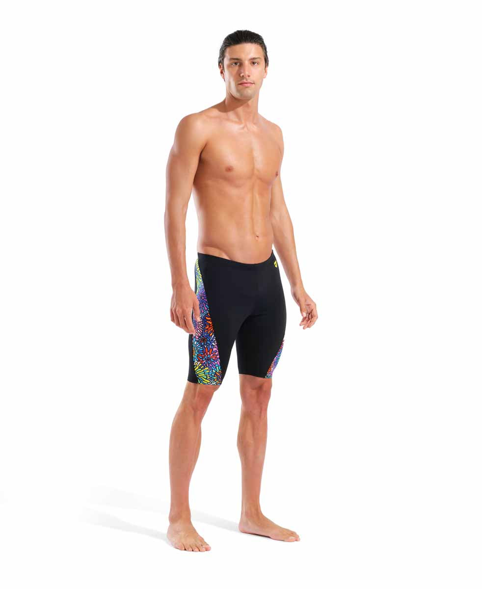 Arena men's garden swim jammer in black and multi-color, featuring a sleek fit and vibrant pattern for competitive swimming.