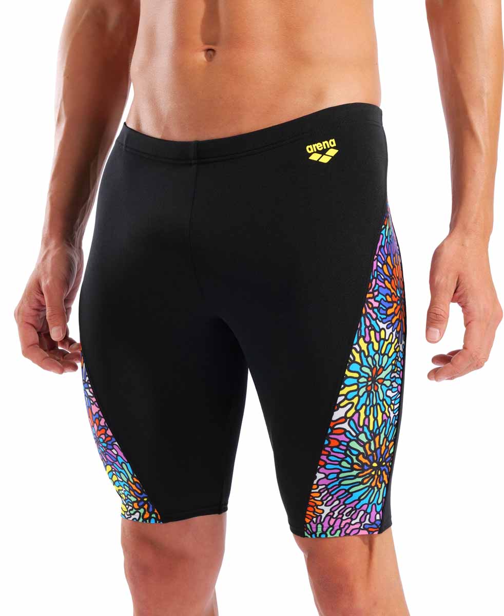 Arena men's garden swim jammer in black and multicolor, featuring a snug fit and vibrant design for competitive swimming.