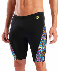 Arena men's garden swim jammer in black and multicolor, featuring a snug fit and vibrant design for competitive swimming.