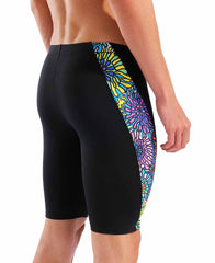 Black and multi-colored Arena men's garden swim jammer, form-fitting swimwear designed for competitive swimming.