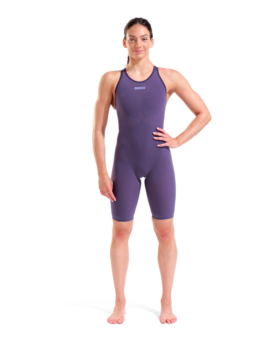 Arena Women's Powerskin Veloce Midnight Chrome Kneesuit in midnight blue, sleek, high-performance swimwear for competitive swimming.