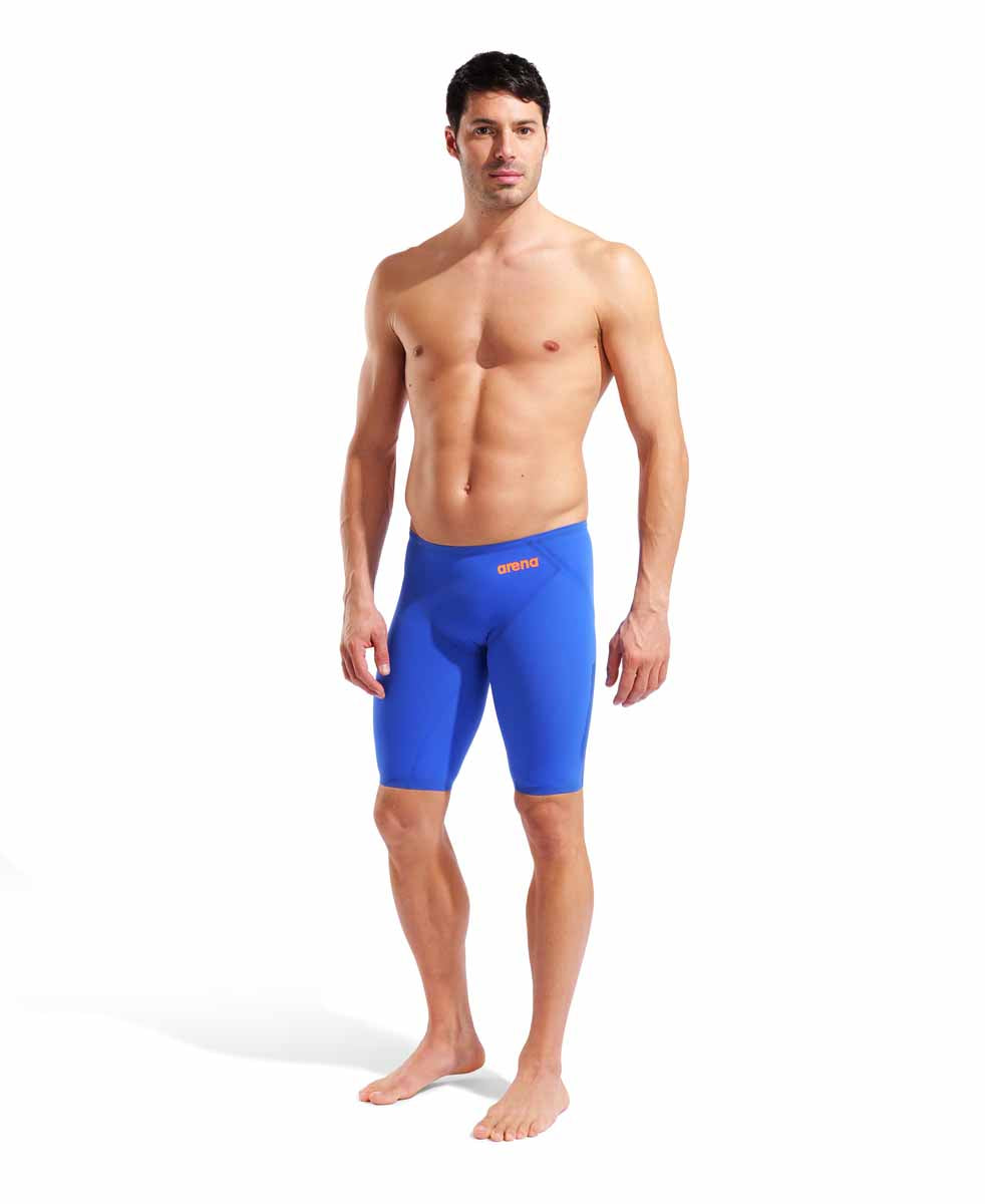 Arena Men’s Powerskin Veloce Ltd Edition Neon Blaze jammer swimsuit, showcasing vibrant neon orange and black design with sleek fit.