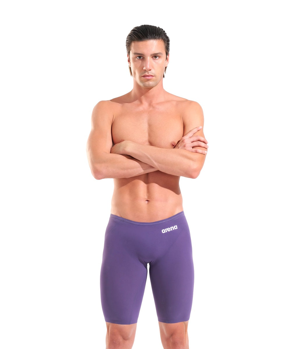Arena men's Powerskin Veloce midnight blue jammer swimsuit with chrome accents, designed for competitive swimming.