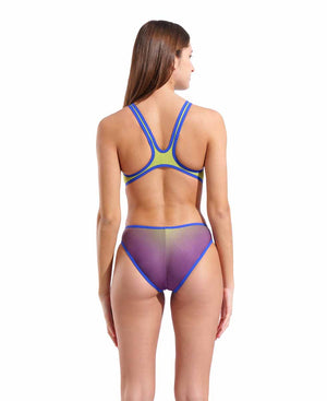 Arena women's shaded print tech one back swimsuit in Arctic lime, violette multi, and neon blue with vibrant design.
