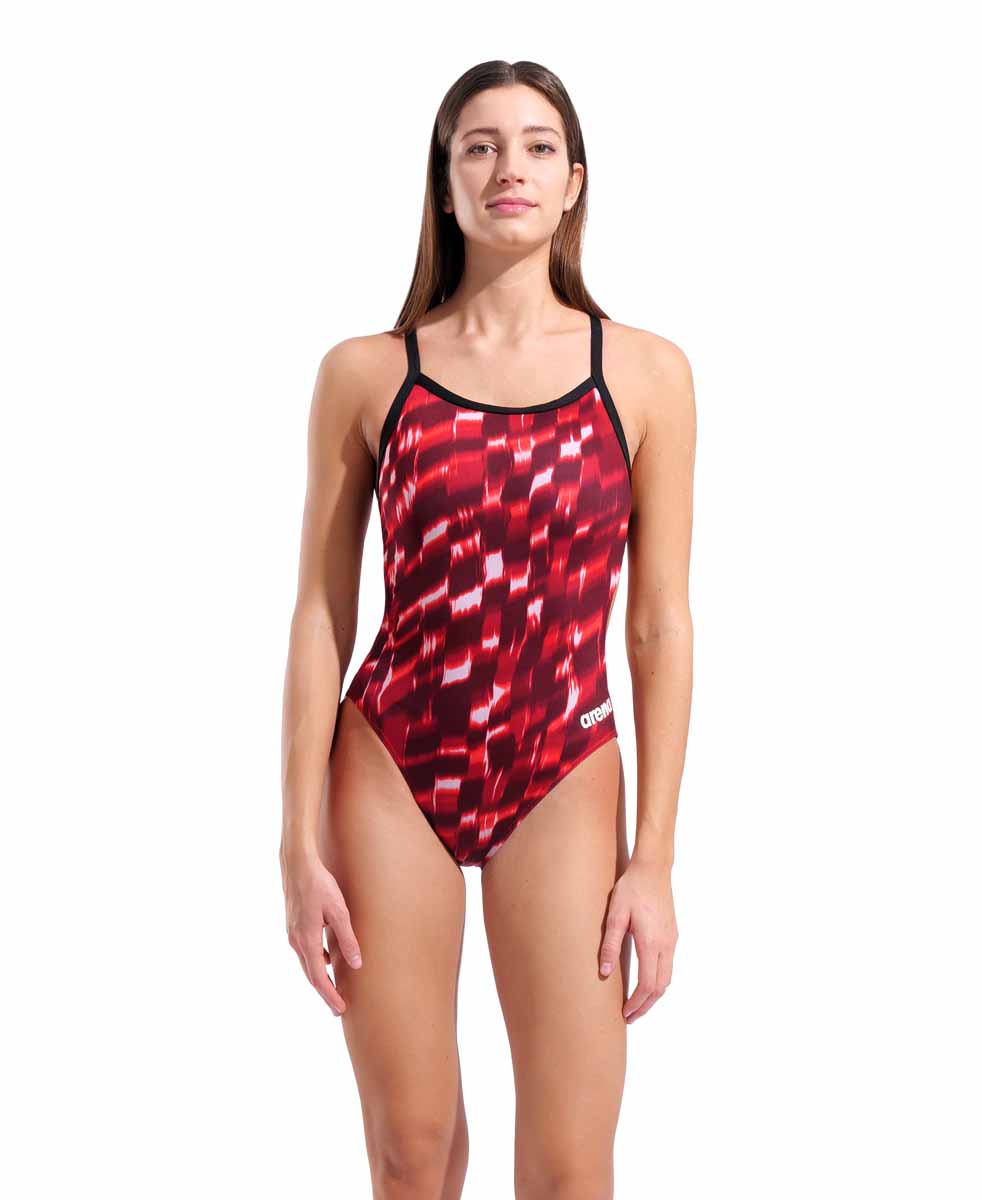 Arena women's Wave Challenge back swimsuit in black and red, featuring a sleek design and supportive fit for competitive swimming.