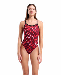 Arena women's Wave Challenge back swimsuit in black and red, featuring a sleek design and supportive fit for competitive swimming.