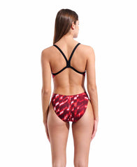 Black and red Arena women's Wave Challenge back swimsuit with sleek design, ideal for competitive swimming.