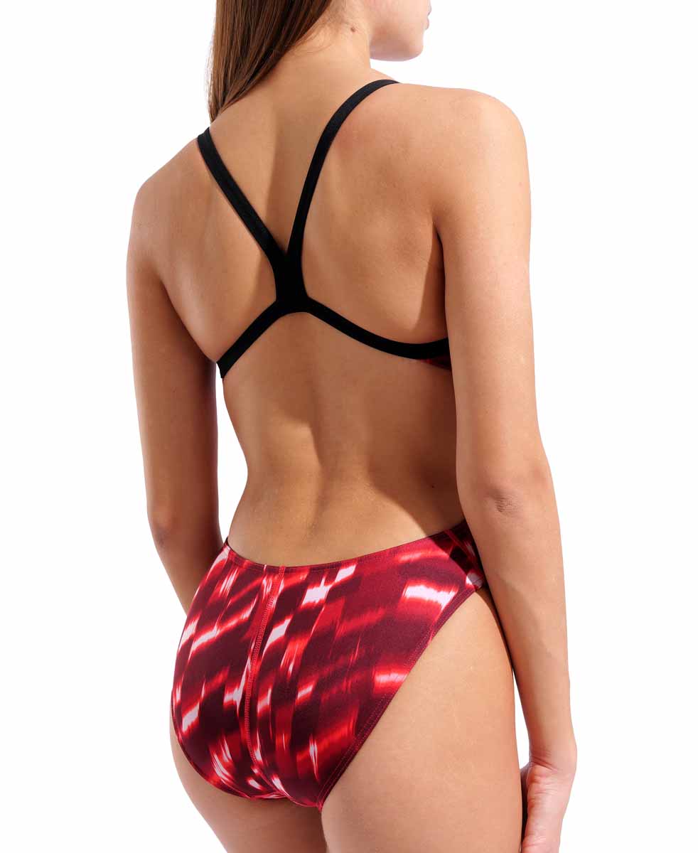 Arena women's Wave Challenge back swimsuit in black and red with a sporty design, suitable for competitive swimming.