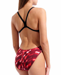 Arena women's Wave Challenge back swimsuit in black and red with a sporty design, suitable for competitive swimming.