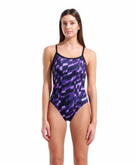 Arena women's Wave Challenge back swimsuit in black and purple, featuring a sleek design and supportive back style.